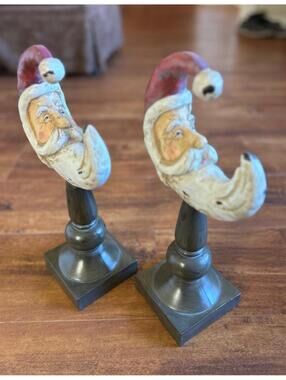 Pair of Santa Claus Decorative Figurines on Pedestal Stands